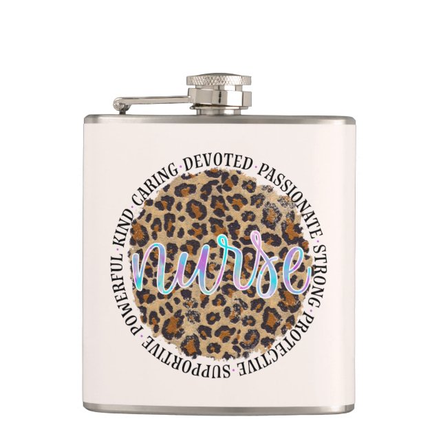"Nurse" & Inspiring Traits - Leopard Print Flask (Front)