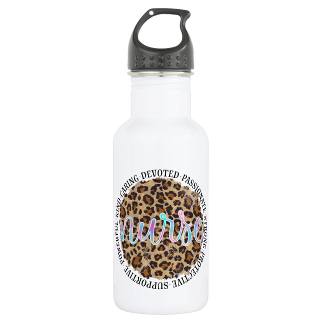 "Nurse" & Inspiring Traits - Leopard Print Stainless Steel Water Bottle (Front)