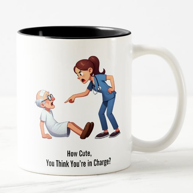 Nurse Knocks Down a Stubborn Elderly Patient Two-Tone Coffee Mug (Creator Uploaded)