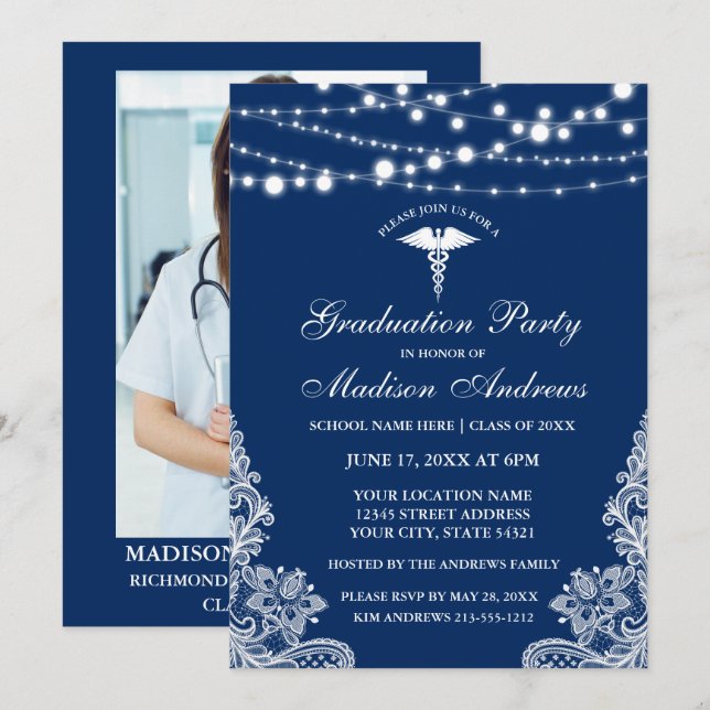 Nurse Lace Blue Grad Party Invite - Back Photo (Front/Back)