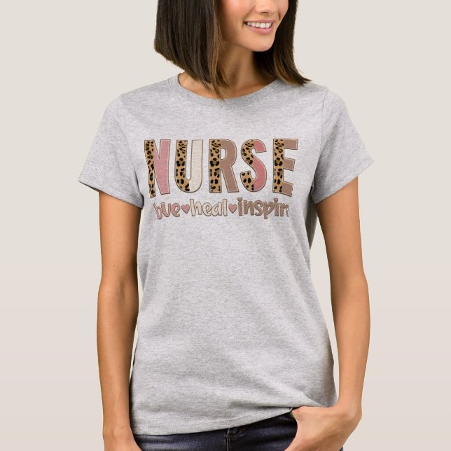 Nurse Leopard Love Heal Inspire T-Shirt (Front)