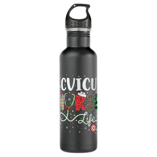 Nurse Leopard Print Christmas Buffalo Plaid CVICU  Stainless Steel Water Bottle