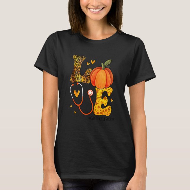 Nurse Leopard Pumpkin Thanksgiving Love Cardiac Nu T-Shirt (Front)