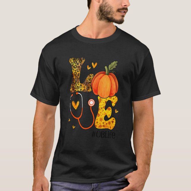 Nurse Leopard Pumpkin Thanksgiving Love OB Nurse L T-Shirt (Front)