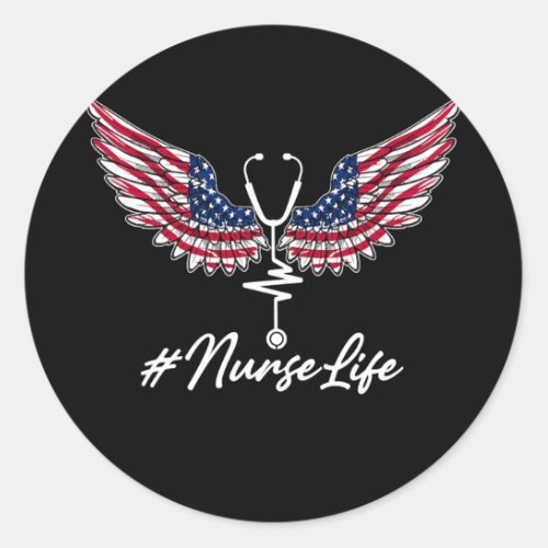 Nurse Life Angel Wings American Flag Stethoscope Classic Round Sticker