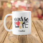 Nurse Life Bandage Heart Nursing School Name Coffee Mug<br><div class="desc">This design features the text "nurse life" with a heart and bandage graphic and space for your text/name. Click the customize button for more flexibility in adjusting the image or adding your own text! Variations of this design, additional colors, as well as coordinating products are available in our shop, zazzle.com/store/doodlelulu....</div>