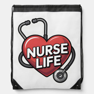 "Nurse Life" Graphic Design with Heart  Drawstring Bag