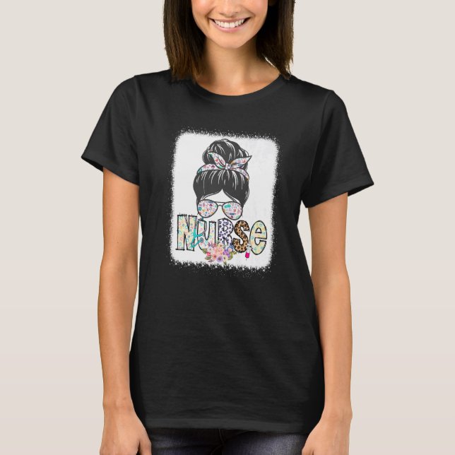 Nurse Life Healthcare Leopard Nurse Life Messy Bun T-Shirt (Front)