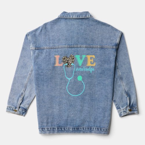 Nurse Life Love Leopard Print Heart Stethoscope Nu Denim Jacket