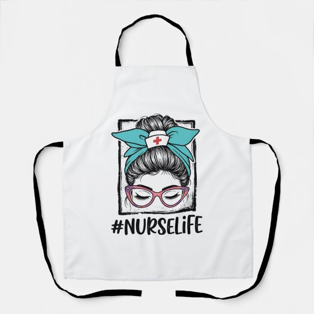 Nurse Life Messy Bun Rainbow Bow Vector Design_1 Apron (Front)