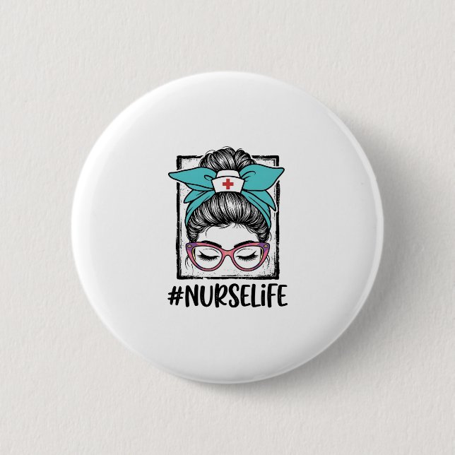 Nurse Life Messy Bun Rainbow Bow Vector Design_1 Button (Front)