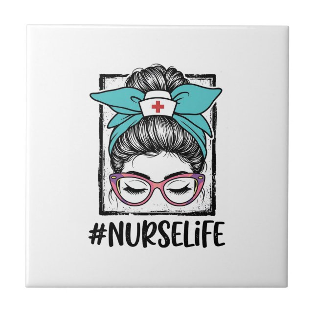 Nurse Life Messy Bun Rainbow Bow Vector Design_1 Ceramic Tile (Front)