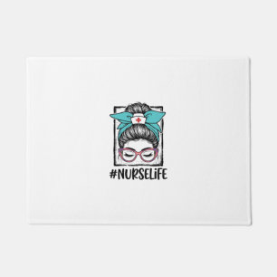 Nurse Life Messy Bun Rainbow Bow Vector Design_1 Doormat