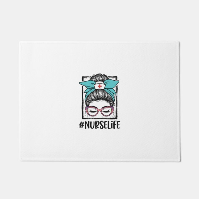 Nurse Life Messy Bun Rainbow Bow Vector Design_1 Doormat (Front)