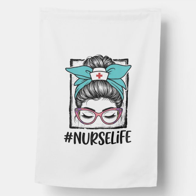 Nurse Life Messy Bun Rainbow Bow Vector Design_1 House Flag (Front)