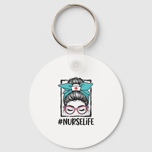 Nurse Life Messy Bun Rainbow Bow Vector Design_1 Keychain (Front)