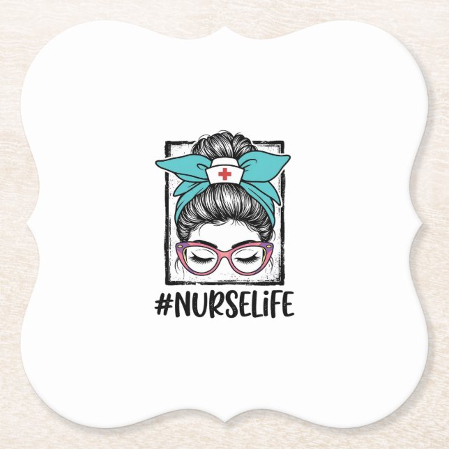 Nurse Life Messy Bun Rainbow Bow Vector Design_1 Paper Coaster (Front)