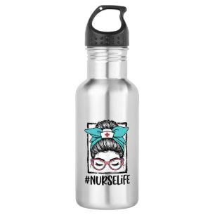 Nurse Life Messy Bun Rainbow Bow Vector Design_1 Stainless Steel Water Bottle