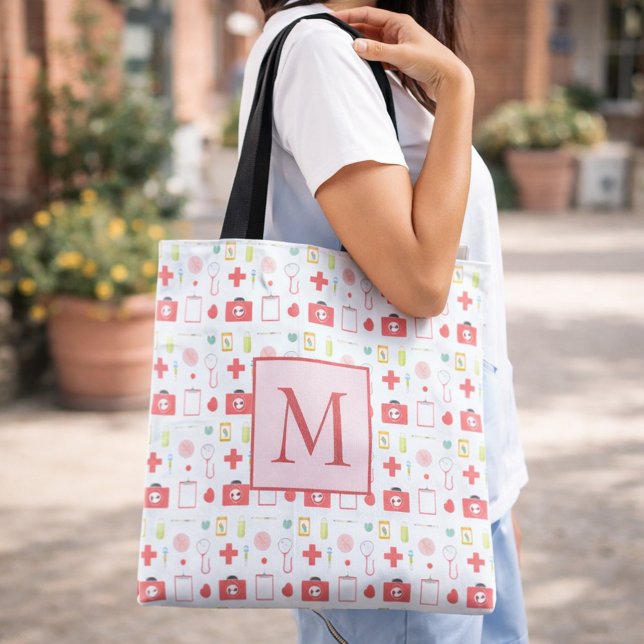 Nurse Life Monogram Cute Medical Icons Tote Bag (Creator Uploaded)