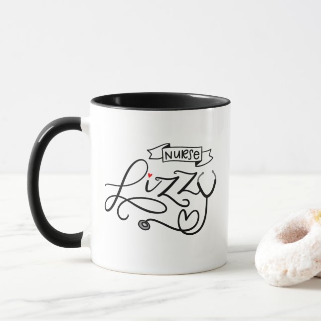 Nurse Lizzy, hand lettered Mug (With Donut)