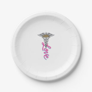Nurse Love Caduceus Floral Medical Vertical Design Paper Plates
