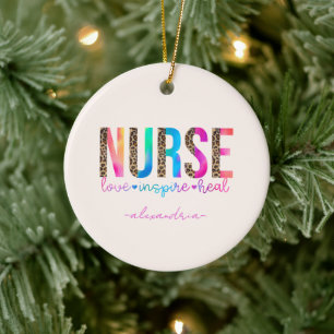 "Nurse - Love, Inspire, Heal" in Rainbow Color Ceramic Ornament