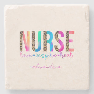 "Nurse - Love, Inspire, Heal" in Rainbow Color Stone Coaster