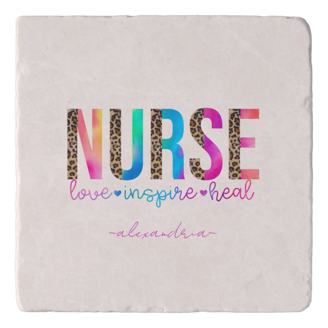 "Nurse - Love, Inspire, Heal" in Rainbow Color Trivet (Front)