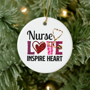 Nurse Love Inspire Heart – Motivational Nurse Word Ceramic Ornament