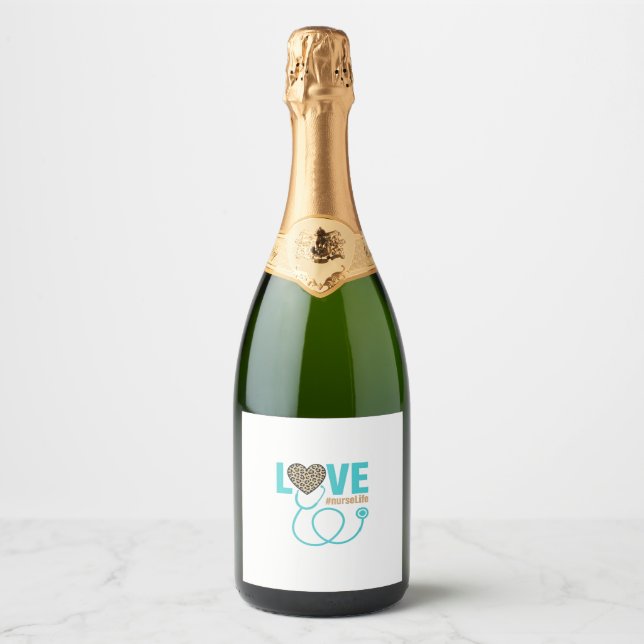 Nurse Love Leopard Stethoscope Vector Design_1 Sparkling Wine Label (Front)