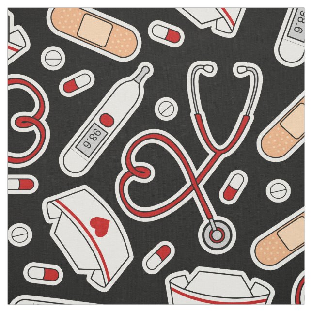 Nurse Love Pattern Black Fabric (Swatch)