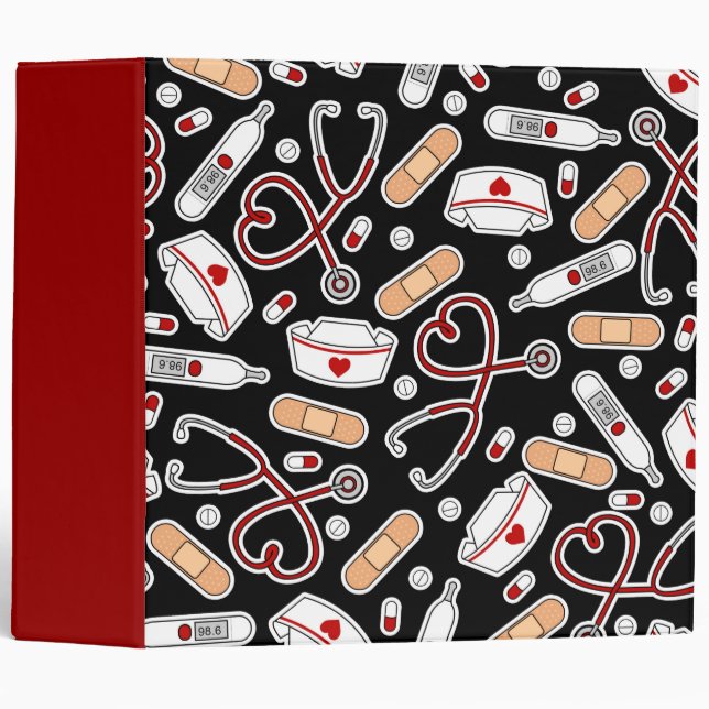 Nurse Love Print Black Background 3 Ring Binder (Front/Spine)