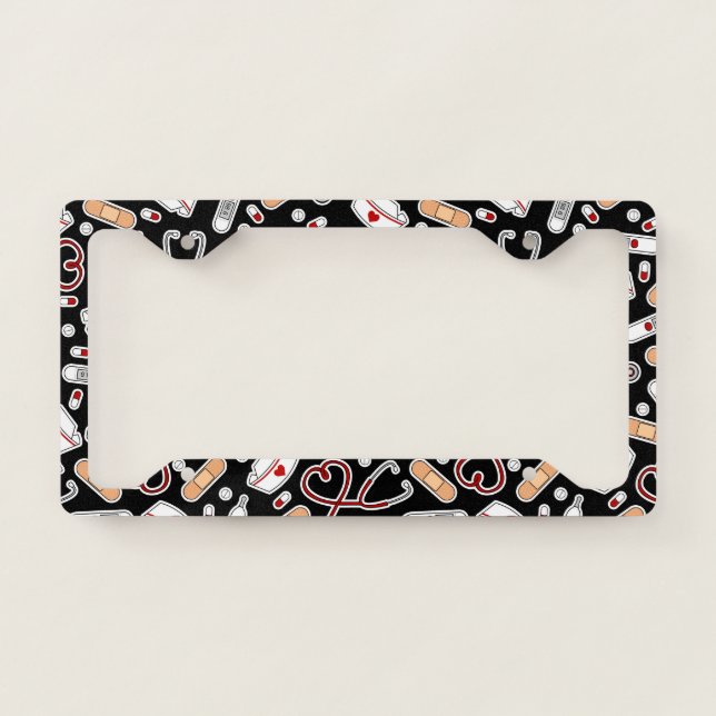 Nurse Love Print Black Background License Plate Frame (Front)