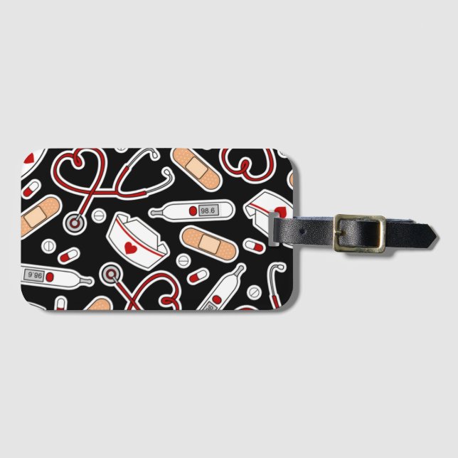 Nurse Love Print Black Background Luggage Tag (Front Horizontal)