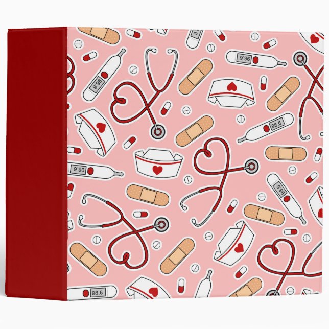 Nurse Love Print Pink Background 3 Ring Binder (Front/Spine)