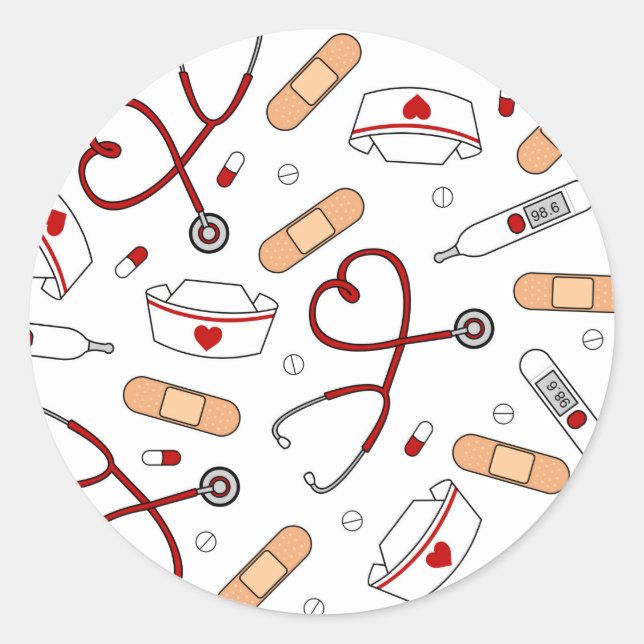 Nurse Love Print White Background Classic Round Sticker (Front)
