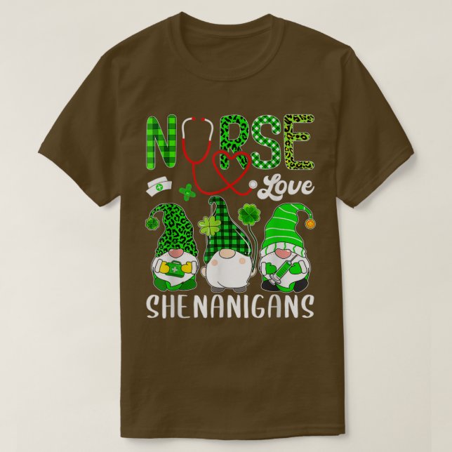 Nurse Love Shenanigans Funny Gnomes St Patricks Da T-Shirt (Design Front)