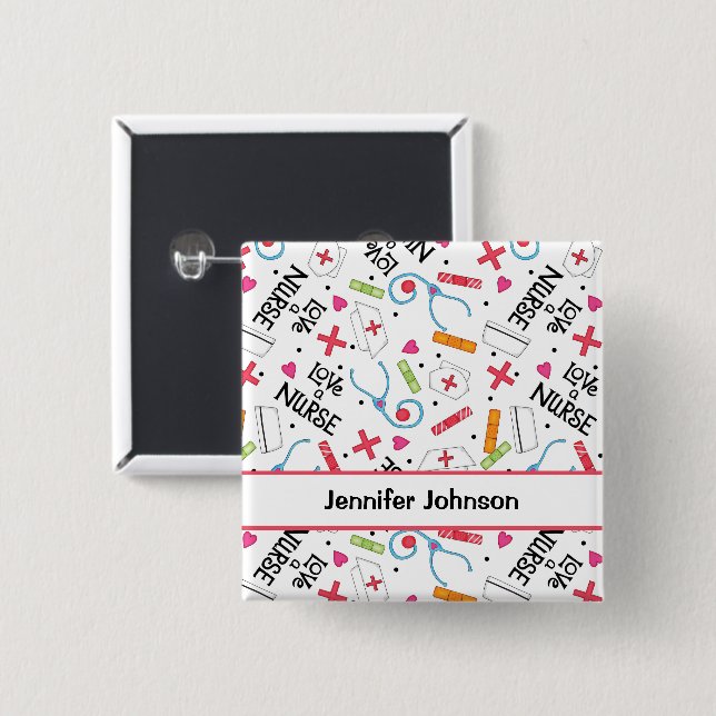 Nurse Love White Name Badge Personalize Button (Front & Back)