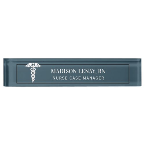 Nurse Manager Medical Caduceus Dusty Blue Custom Desk Name Plate