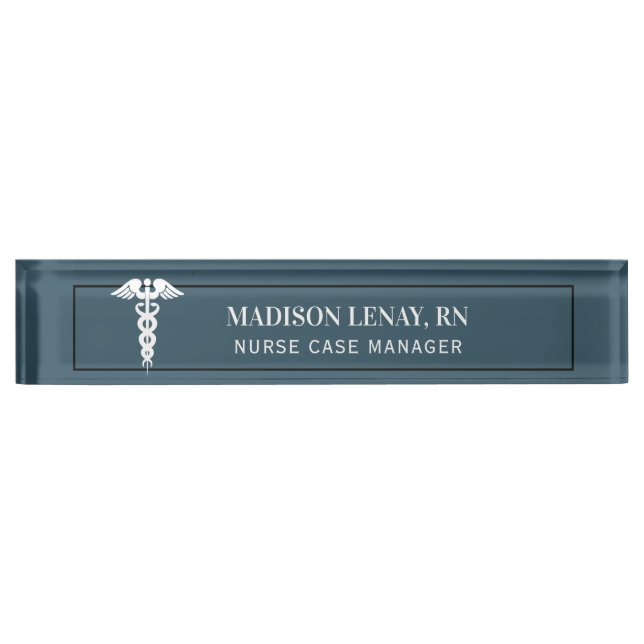 Nurse Manager Medical Caduceus Dusty Blue Custom Desk Name Plate (Front)