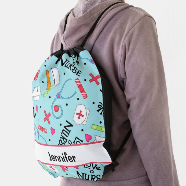Nurse Medical Art Light Blue Name Personalized Drawstring Bag (Insitu)