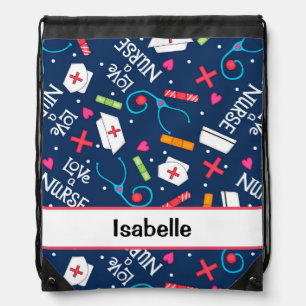 Nurse Medical Art Navy Blue Name Personalized Drawstring Bag