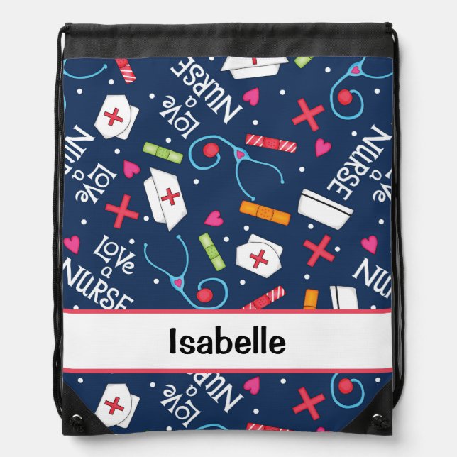Nurse Medical Art Navy Blue Name Personalized Drawstring Bag (Front)