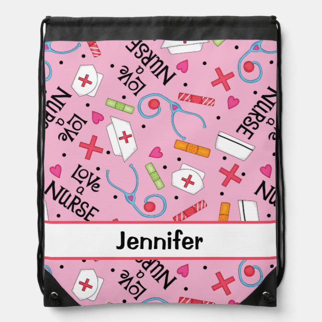 Nurse Medical Art Pink Name Personalized Drawstring Bag (Front)