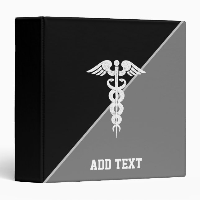 Nurse Medical Caduceus Black Grey White Modern 3 Ring Binder (Front/Spine)