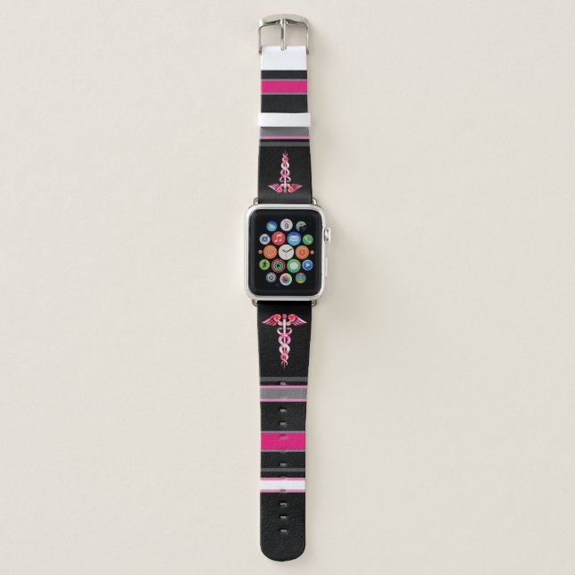 Nurse Medical Caduceus Black Pink Apple Watch Band (Front)