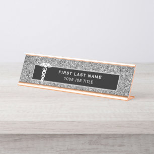 Nurse Medical Caduceus Black Silver Glitter Desk Name Plate