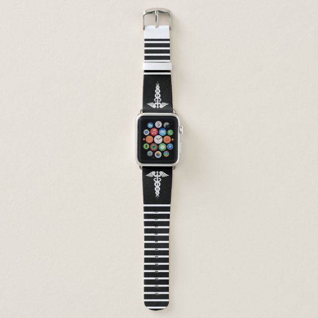 Nurse Medical Caduceus Black White Striped Pattern Apple Watch Band (Front)