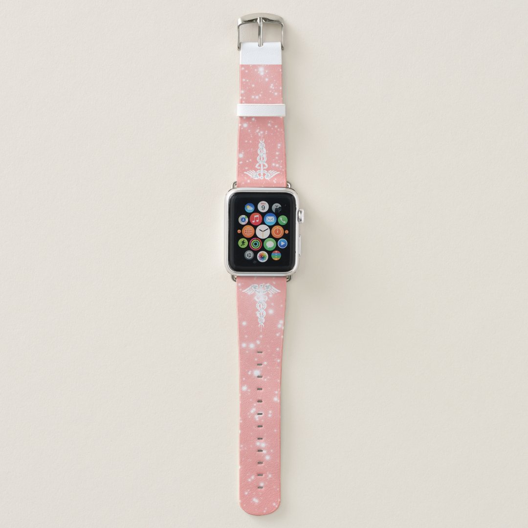 Nurse Medical Caduceus Blush Pink Faux Glitter Apple Watch Band | Zazzle