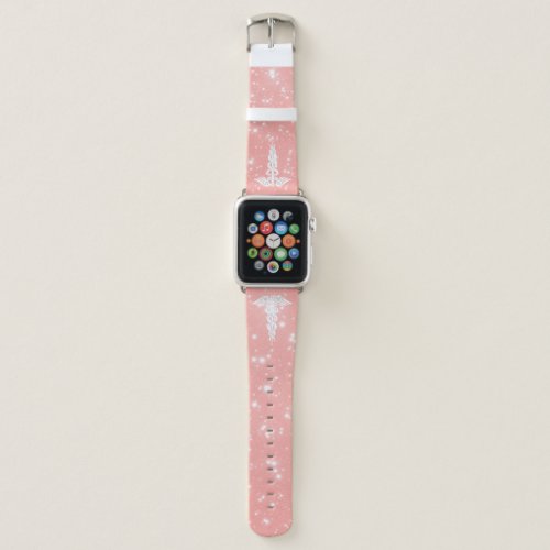 Nurse Medical Caduceus Blush Pink Faux Glitter Apple Watch Band